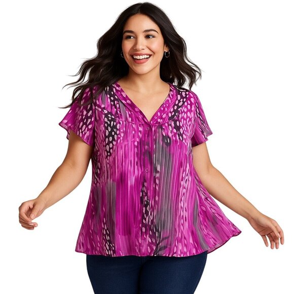 Lane Bryant Size 18/20 Women's Button Down Blouse  Pink/Gray Short Sleeve - Picture 1 of 7